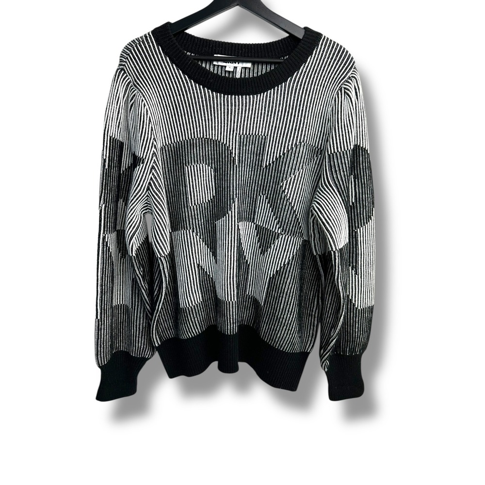DKNY Women's XL Black White Striped Geometric Stack Logo Knit Sweater